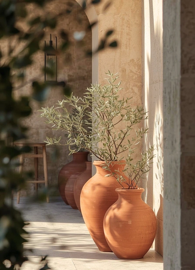 Vases en terre cuite et olivier devant une maison baignée de soleil